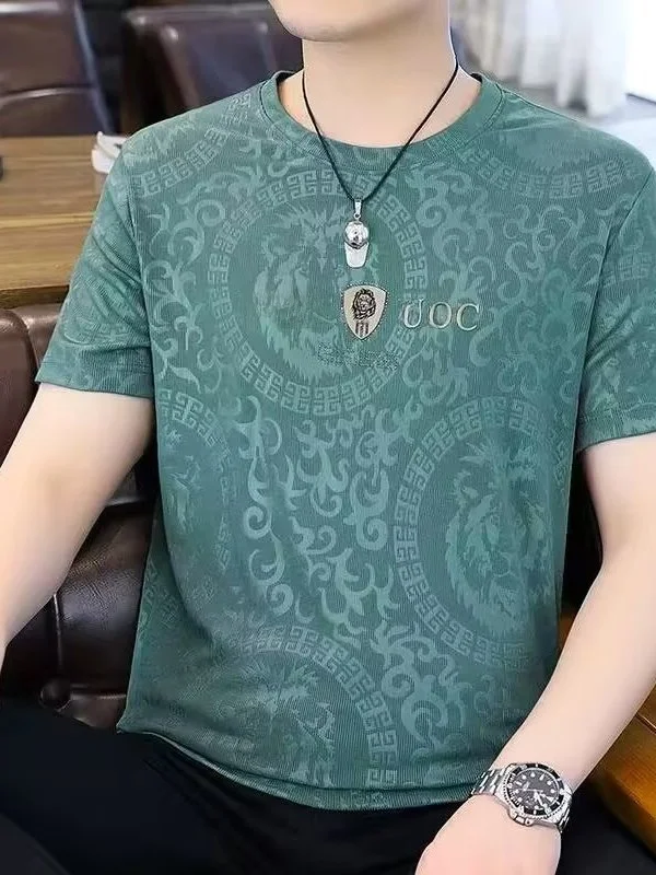 

Men's Summer T-irt k Flower Silk f Sve round Ne Ice Silk Youth Faion Stand Fit ort Sve Basic Tee