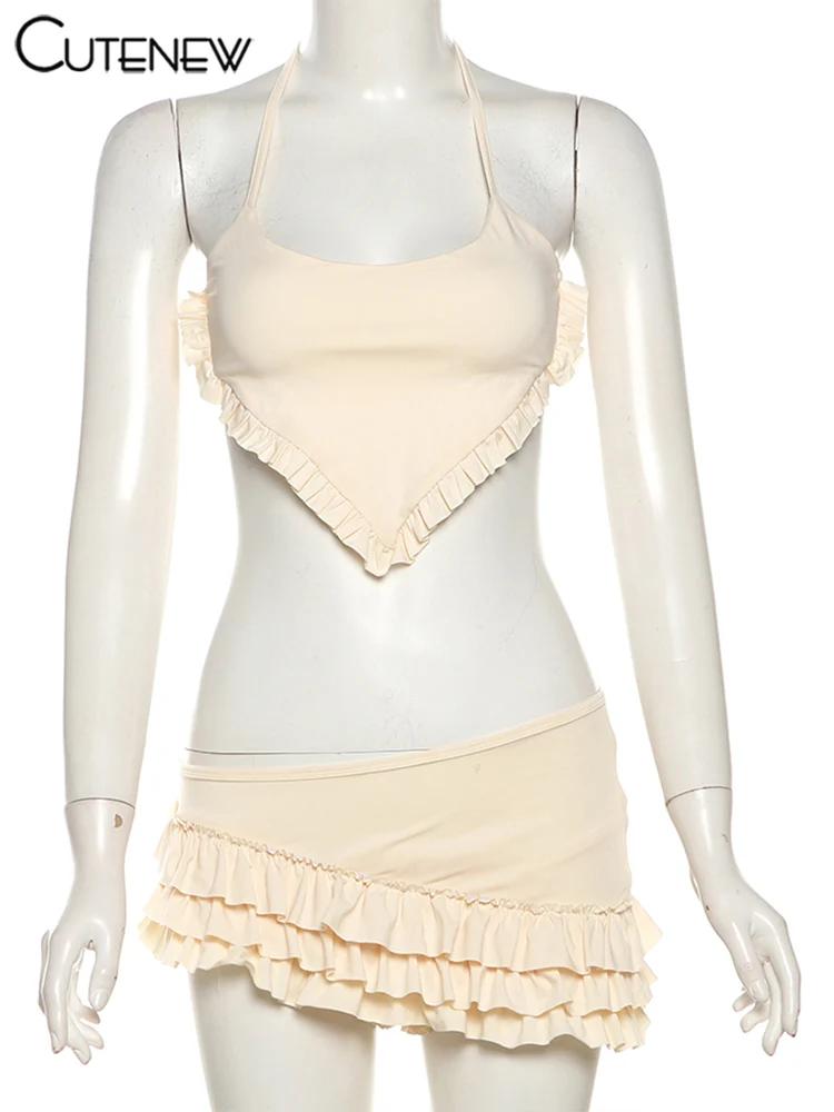 Cutenew Ruched تقليم 2 قطعة المرأة مثير الصلبة مذهلة ضمادة غير النظامية الدبابات كشكش كومة التنانير الصغيرة مع السراويل الشاطئ دعوى #5