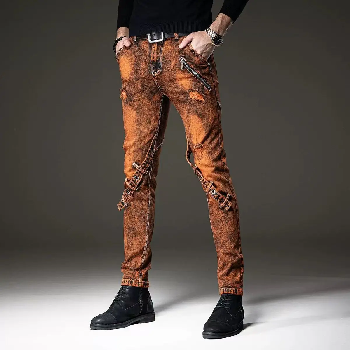 Y2K Designer Fashion New Men's Jeans Washed Nostalgic Stretch Slim Fit Khaki Jeans Hip Hop Brand Pants Hombre