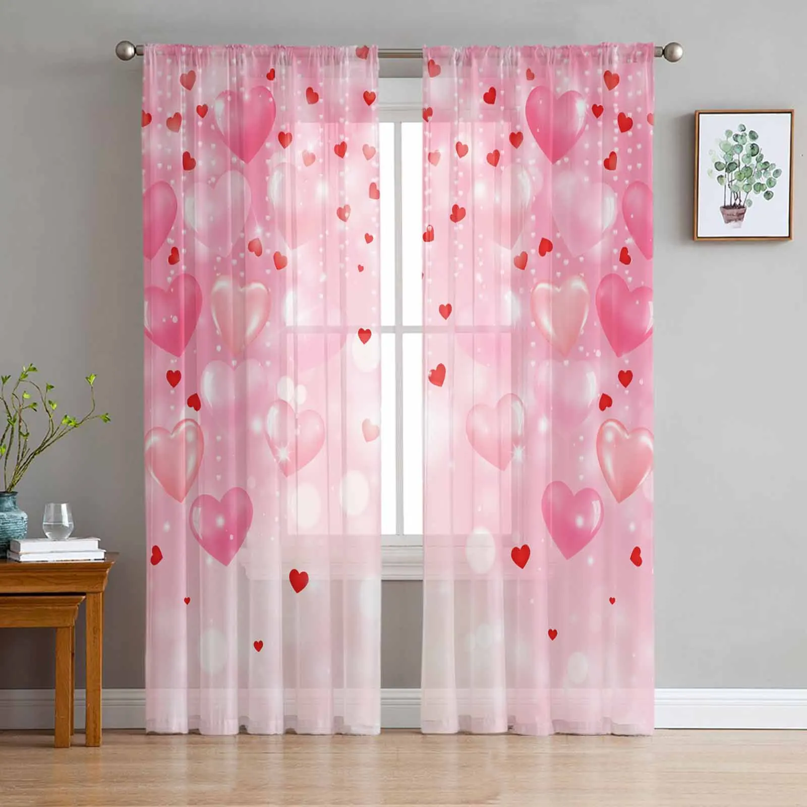 Valentine'S Day Pink Love Sheer Curtain Living Room Drapes Home Bedroom Voile Curtain Tulle Window Curtain