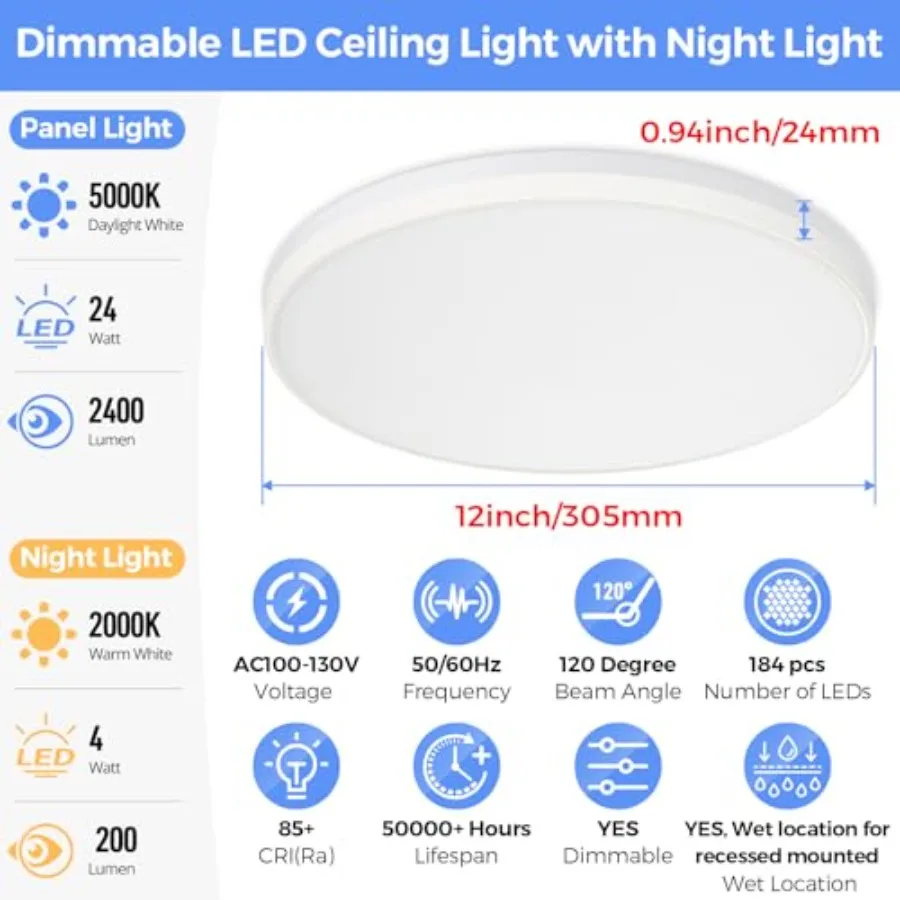 4-Pack LED Flush Mount Ceiling Light Fixture with Night Light 5000K 12 Inch 24W 2400LM Round Dimmable Flat Ceiling Lamp