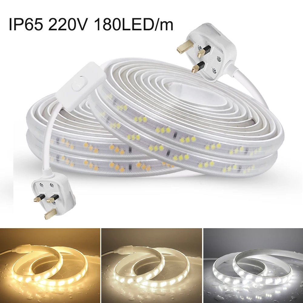 2835 LED Strip Light 220V UK Plug 1M Cut IP65 Waterproof Flexible LED Ribbon for Outdoor Garden Home Kitchen Bedroom Lighting