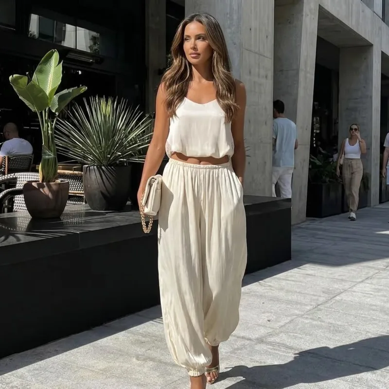 

Women Low Waist Lantern Pants Shiny Streetwear Jogger Tapered Drape Long Casual Elastic Cuff Spring Summer 2026 Fashion Style