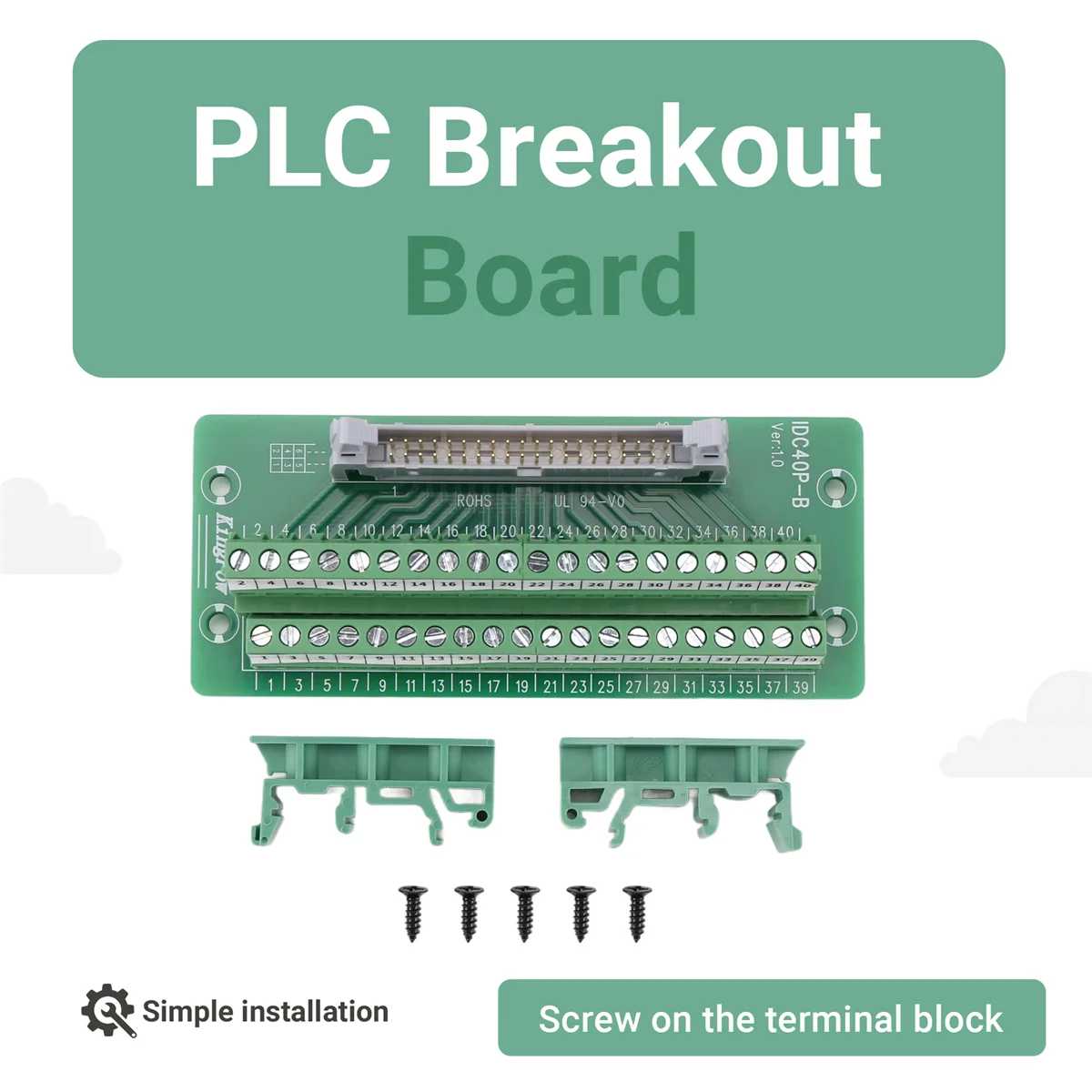 A46T IDC40P 40Pin Connector Strip Breakout Board Terminal Block Plug PLC Interface with Bracket, for PLC, DIN Rail Mount