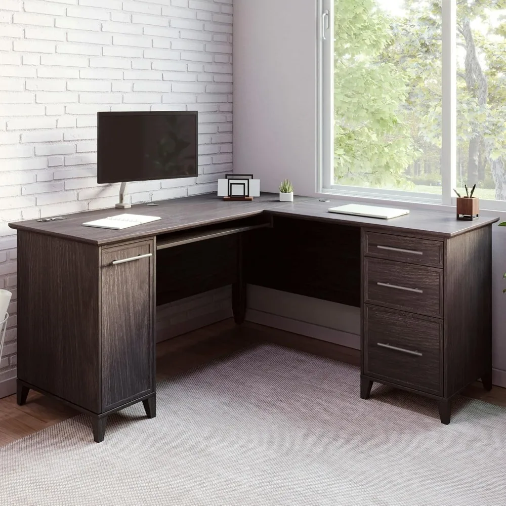 

L-Shaped Corner Computer Desk With Integrated Power & Charging, Espresso Oak.