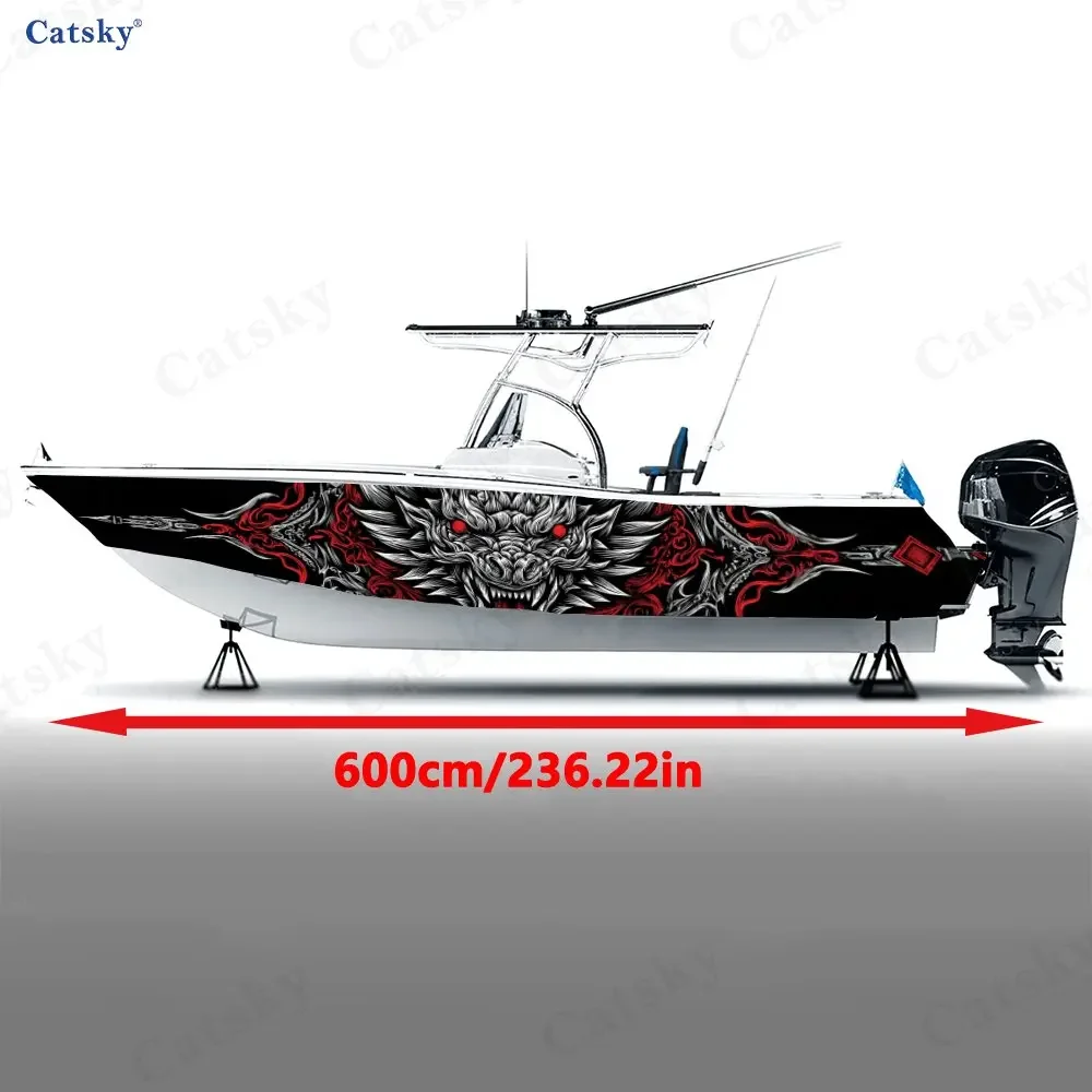 2Pcs Red Pattern Dragon Head Boat Stickers, PVC Waterproof Vinyl Wrap Decals for Fishing Boats, Durable and Stylish Design
