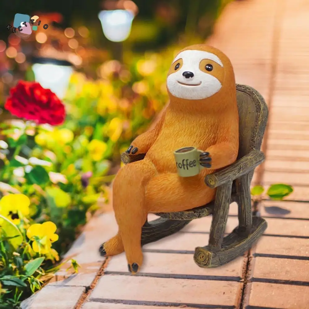 

Vivid Solid Drinking Coffee Sloth Figurine Unique Resin Art Garden Sloth Statue Handmade Rocking Chair Sloth Ornaments Home