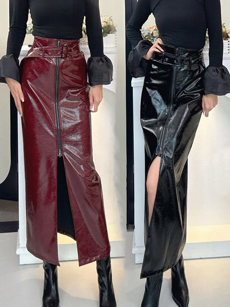  High Waist PU Leather Zipper Split Half-length Skirt for Women Autumn plus Size Fashionable Commute Korean Style