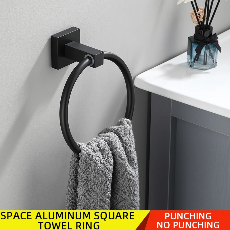 Black Towel Holder Wall Mount Self Adhesive No Punching Space Aluminum Bathroom Towel Hanger Towel Ring WB8719