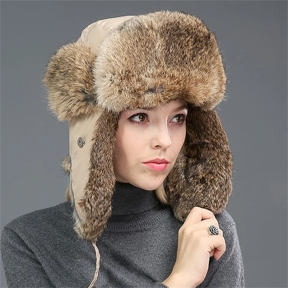 Winter Thermal Real Natural Rabbit Fur Bomber Hats Women Men Outdoors Soft And Warm Russia Hat Face Neck Earflap Snow Caps