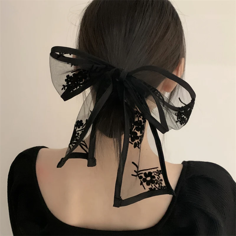 Lystrfac francuska moda koronkowa Retro chusta na głowę kobiety czarnej haftowanej opaska do włosów długa wstążka Hairband Vintage akcesoria do włosów — zdjęcie 4