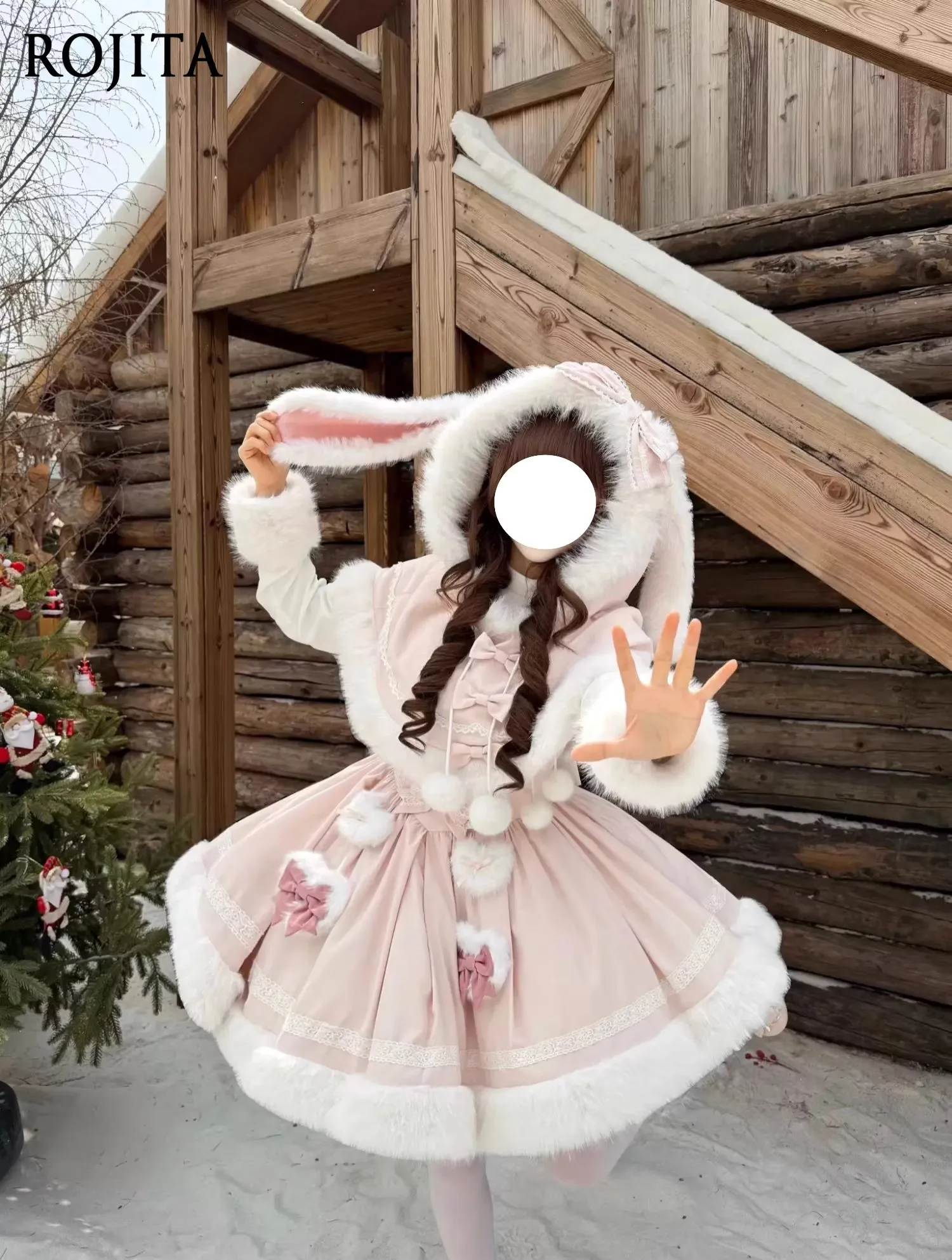 

Autumn Winter Lolita Set Sweet Cute Cloak Soft Adorable Bunny Ears Hooded New Year Battle Robe Thickened New Year Outfit