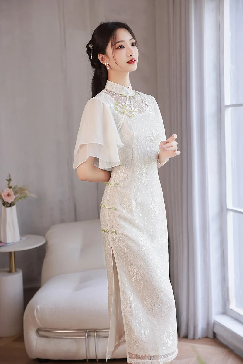 

FZSLCYIYI Elegant Ruffles Sleeve Chiffon Qipao Chinese Mandarin Collar Handmade Buttons Lace Cheongsam Women Dresses