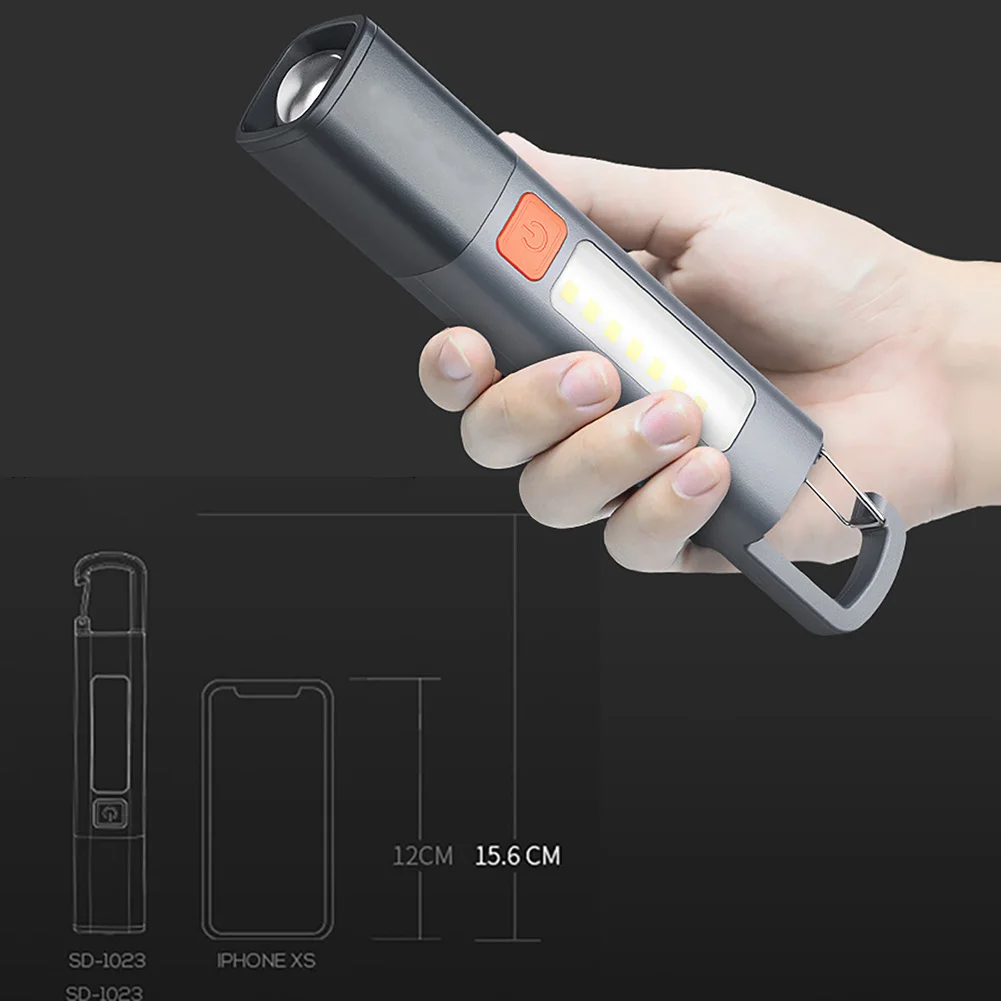 LED 토치 라이트, 300 루멘, 내장 800mAh 충전식 배터리, 휴대용 손전등, 방수 조절 가능한 줌 작업등