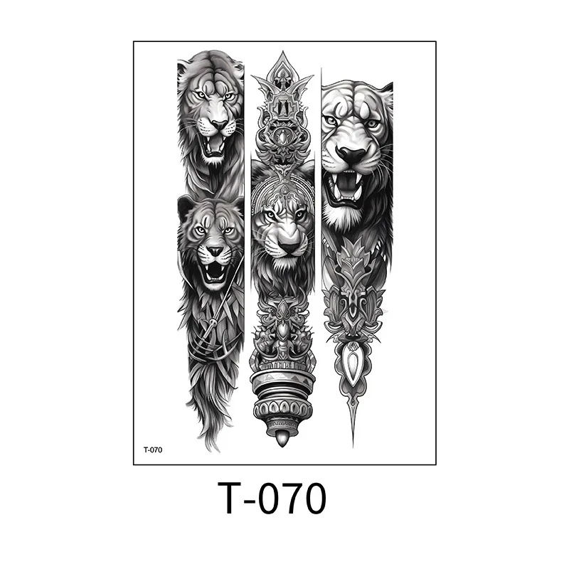 6 個動物フラワーアームアーム黒と白のオオカミヘッドタトゥーステッカースケッチタトゥーステッカー