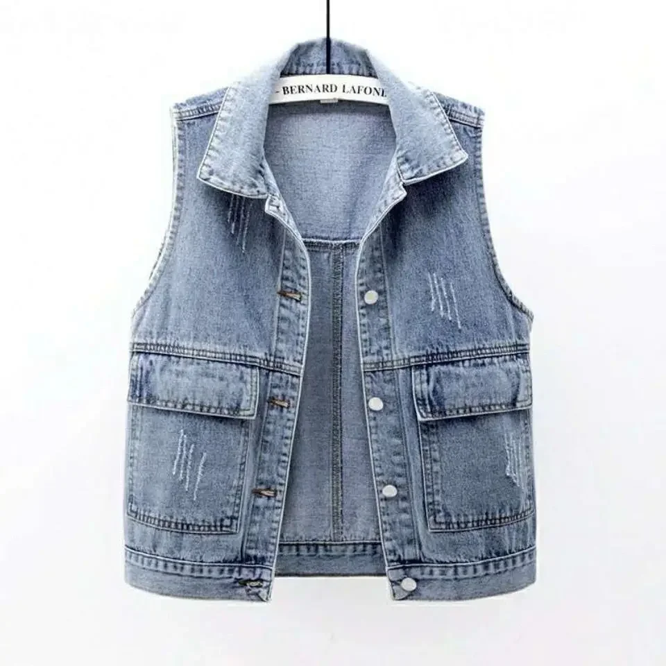 

Plus Size New Women Denim Vest Fashion Ripped Autumn Blue Jeans Jacket Sleeveless 2023 Spring Loose Short Coat Causal Waistcoats