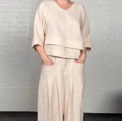 

2025 Solid Color Round Neck Long Sleeve Casual Top Mid Waist Pocket Straight Pants Two Piece Set Костюм Женский