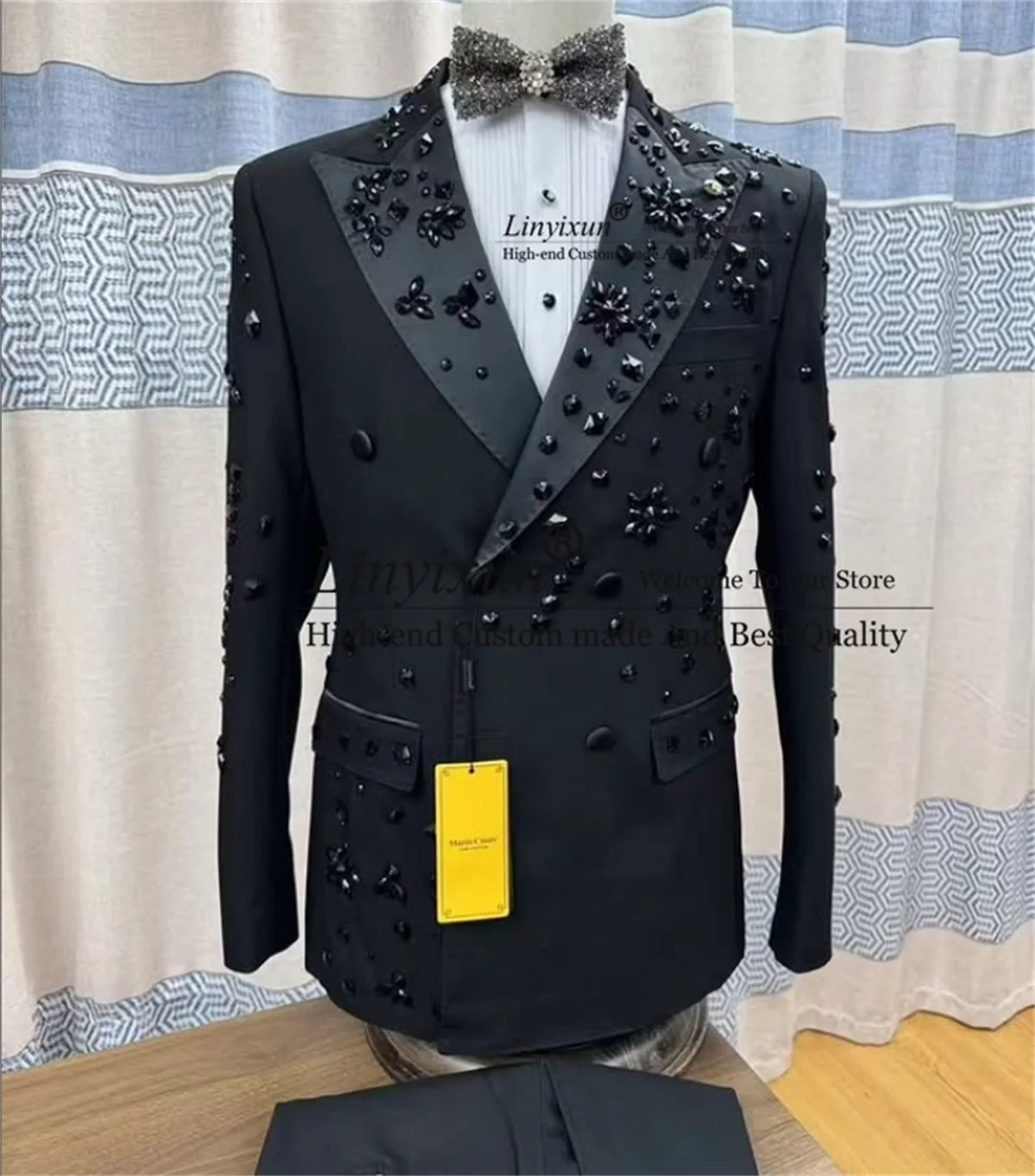 Sparkly Beaded Crystals Men Suits Double Breasted Male Party Blazer Customized 2 Pieces Sets Costume Homme Groom Wedding Tuxedos