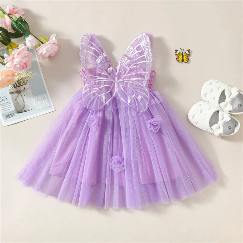 2023-05-16 Lioraitiin 0-4Years Butterfly Wings Girl Fairy Dress First Birthday Dress Flower Wedding Dress