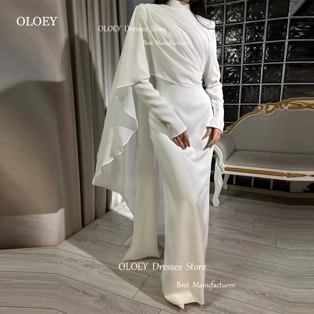 

OLOEY Modest White Silk Soft Satin Muslim Arabic Women Evening Dresses Long Sleeves High Neck Vintage Simple Wedding Party Dress