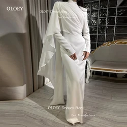 OLOEY Modest White Silk Soft Satin Muslim Arabic Women Evening Dresses Long Sleeves High Neck Vintage Simple Wedding Party Dress