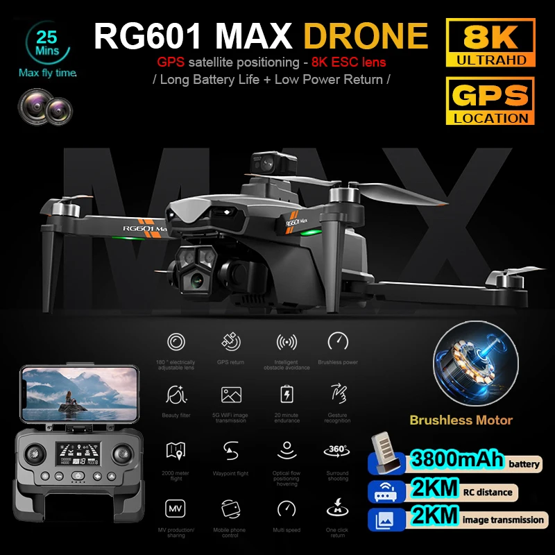 

RG601MAX 8K HD Dual Camera Aerial Photography Obstacle Avoidance Drone GPS Positioning Brushless Automatic Return RC Aircraft