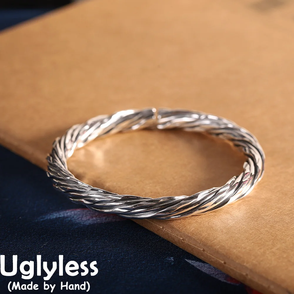 

Uglyless 6MM Unisex Thai Silver Twists Bangles for Men Women Neutral 999 Full Silver Open Bangle Personalized Minimalism Jewelry