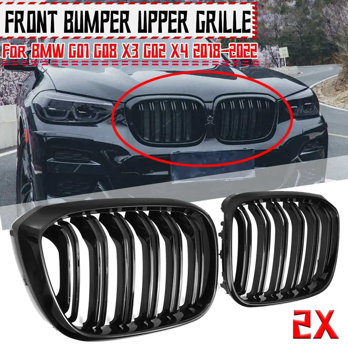 

2X Car Front Kidney Grill Grille For BMW G01 G08 X3 G02 X4 2018-2022 Single Line Grilles Gloss Black Bumper Racing Grills