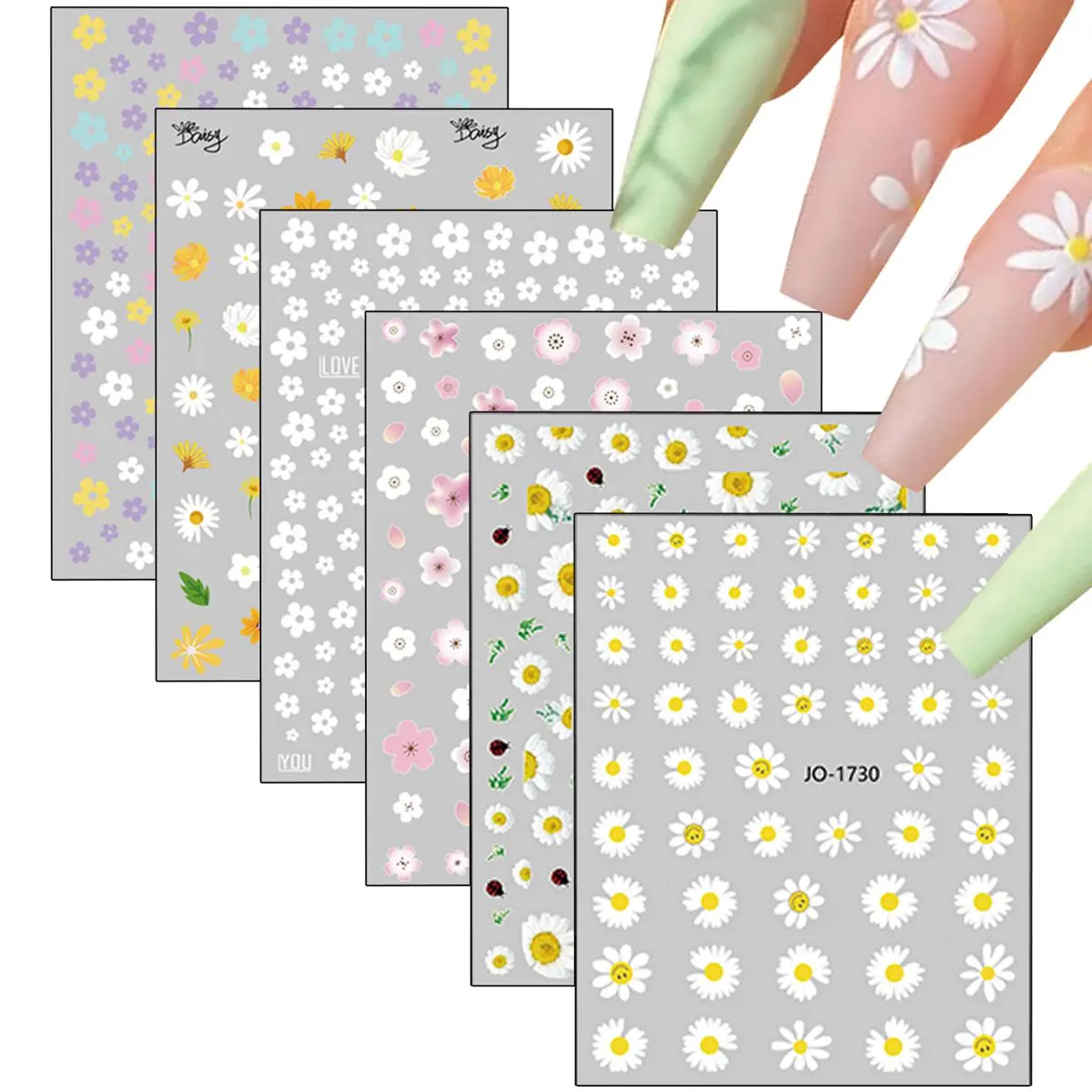 3/6 Blatt Gänseblümchen-Nagelaufkleber – selbstklebende florale Nagelkunstaufkleber für Frühling und Sommer, DIY-Maniküre, süße 3D-Blumen
