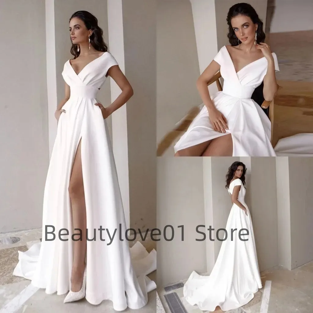 2024Elegant and dignified white evening gown V-neck sleeveless satin women's formal ball evening gown vestفساتين للحفلات الراقصة