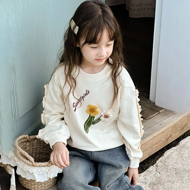 Girls' Thickened Cotton Autumn Sweatshirt with Floral Ruffled Lace - Trendy Socialite Inner/Outer Wearable Top