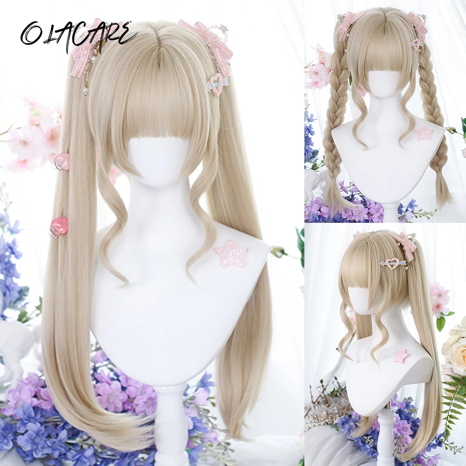 

OLACARE Synthetic Long Wavy Curly Ponytail Lolita Wig with Bangs Girl Cute Ombre Blonde Cosplay Party Halloween Harajuku Wig