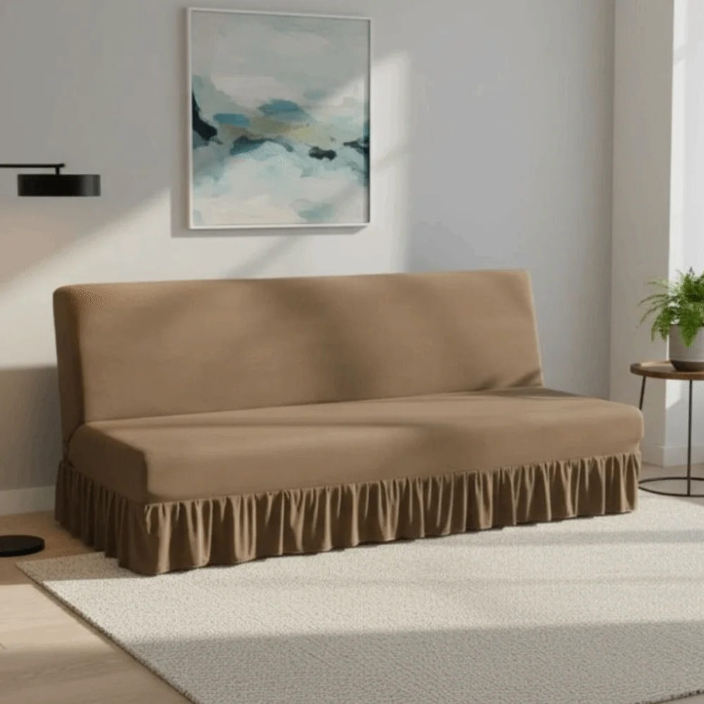 Elastic Armless Futon Sofa Cover with Skirt Stain-resistant Folding Sofa Bed Cover Breathable Skin-friendly Sofa Slipcover Hotel