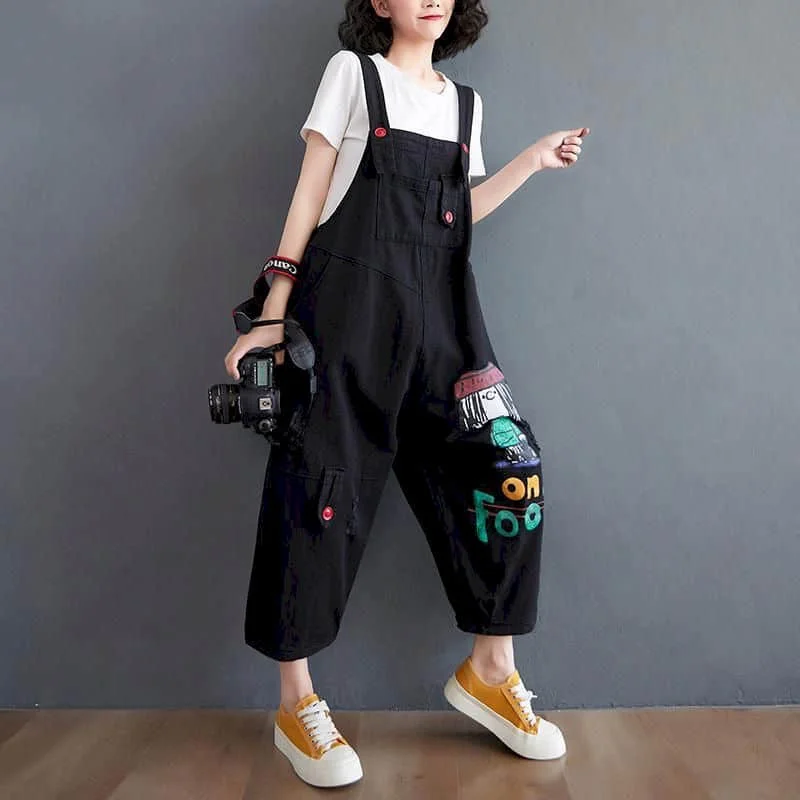 Denim Jumpsuits for Women Korean Style Rompers Casual Vintage Playsuits Straight Harem Pants Contrasting Colors Women Clothes