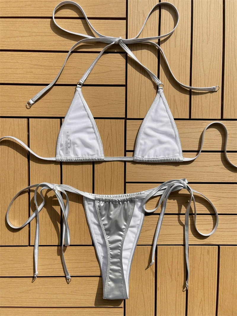 Bikini de cuero de Color sólido para Mujer, traje de baño de cuerda, moda de verano, playa, nuevo