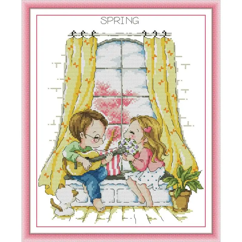 

Maydear Full Cross Stitch Kit, 11CT/14CT/16CT/9CT Aida Fabric Set-Four Seasons Window-Spring