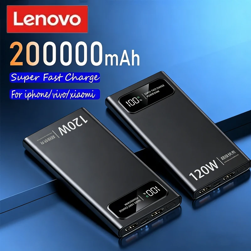 

Портативный внешний аккумулятор Lenovo 120W 500000 мАч сверхбольшой емкости с быстрой зарядкой и цифровым дисплеем для iPhone, Samsung, Xiaomi
