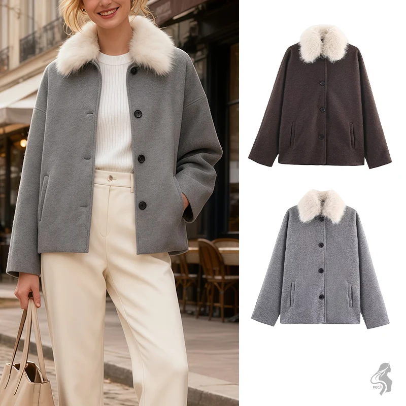 

Womens Fashion Coat With Fur Collar Single Breasted Wool Coat Stylish And Versatile Suitable For Daily And Commuter Wear