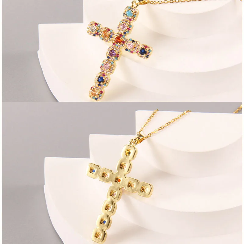 Fashion Colorful Zircon Cross Pendant Necklace Stainless Steel Classic Geometric Choker Jewelry Birthday Gifts For Women Girls