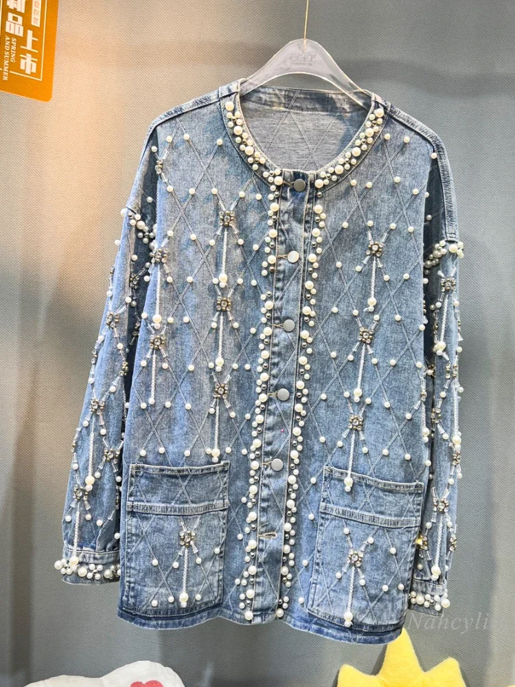 

Heavy Industry Beads Diamond-Embedded Denim Coat for Women 2024 New Autumn Loose Mid-Length Jean Jackets