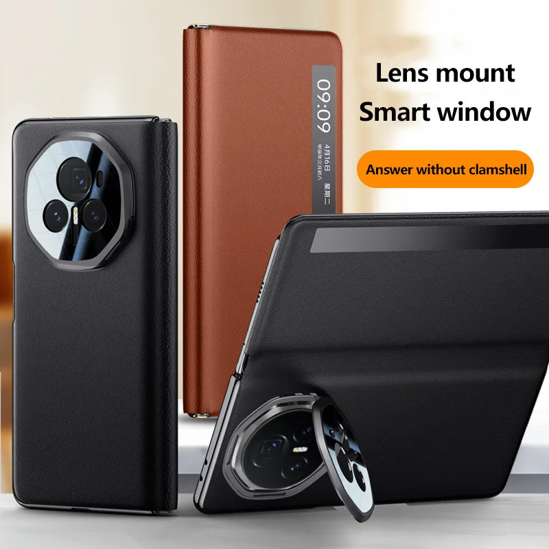 Smart Window View Flip Cover For Honor Magic V3 Metal Lens Stand Magnetic Leather Protective Case