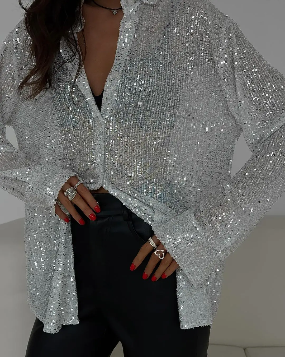 

DSMTRC Luxury Women's Sequin Loose Fashion Shirts Female Casual Lapel Cardigan Summer Clothes New Outwear Glitter Party Blouse