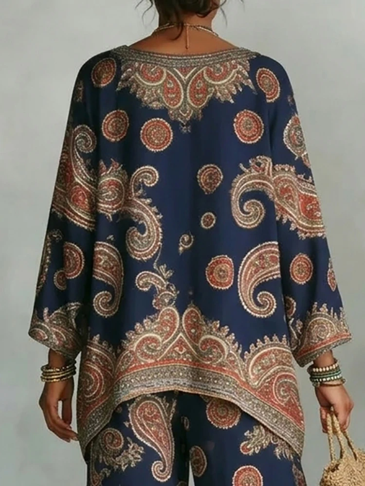 Yeezzi Damen-Bluse im Vintage-Stil, Boho-Stil, Paisley-Druck, Fledermausärmel, passende Oberteile, V-Ausschnitt, lockere, lässige Bluse, Urlaubs- und Strand-Ethno-Shirt – Detail 4