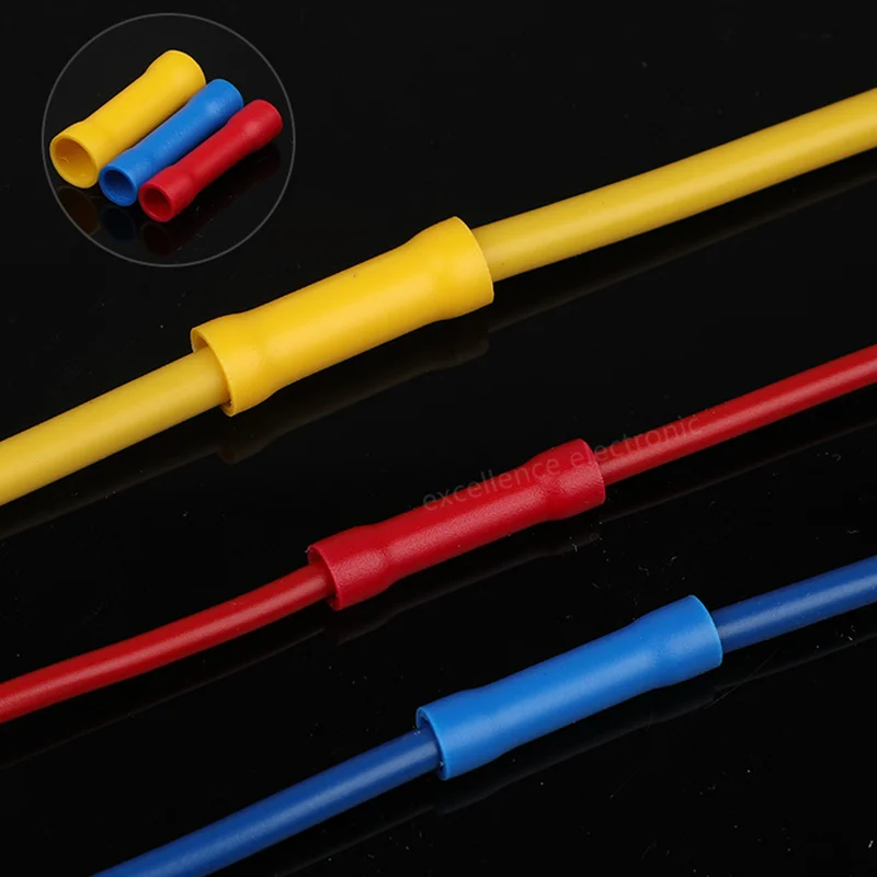 100Pcs Insulated Copper Butt Splice Terminal BV1.25 BV2 BV5.5 Cold Press Wire Connector Straight Electrical Crimp Terminal Kit