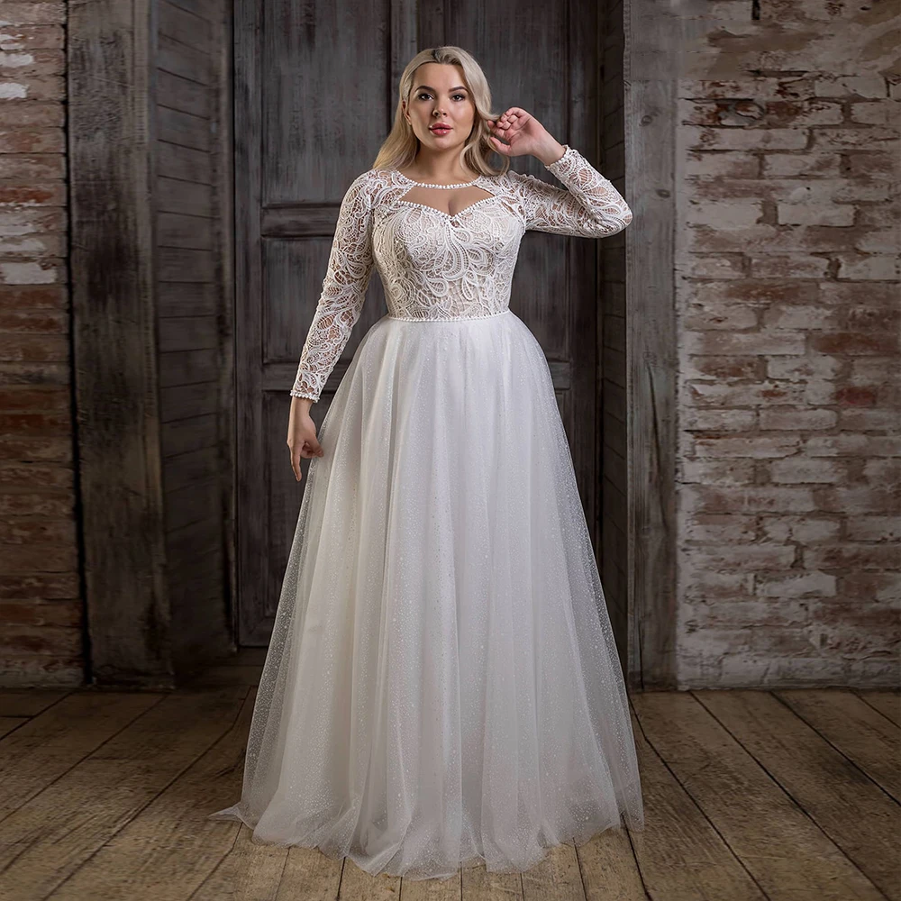 

2023 Elegant Plus Size Wedding Dresses For Woman Tulle Sweetheart Neck Full Sleeves Lace Applique Beading Robe De Mariée