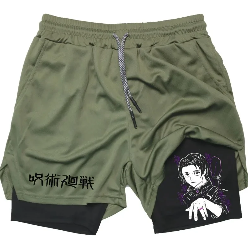 

Мужские компрессионные шорты 2-в-1 для тренировок в зале, бега и занятий спортом, с принтом аниме Jujutsu Kaisen, с карманами, спортивная одежда