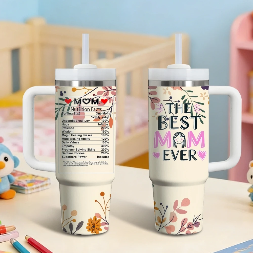 Mom Nutrition Facts Flowers Vacuum Flasks 40oz Stainless Steel Vacuum Insulated Tumbler with Straw Leak Resistant Travel Mug