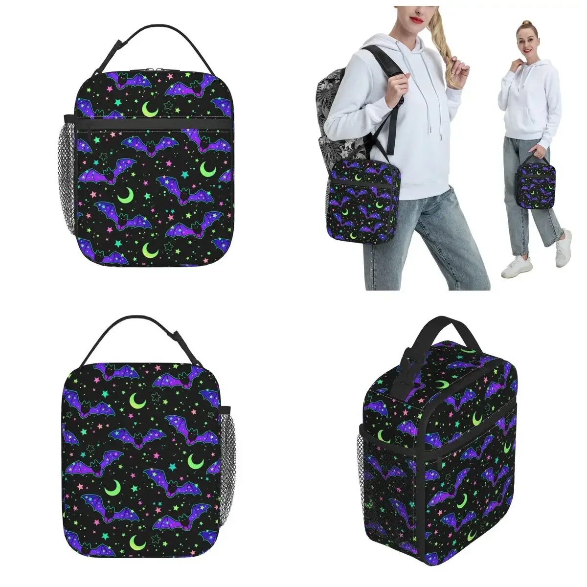 Bat Halloween Insulated Lunch Bag Portable Bright Stars Lunch Container Cooler Bag Tote Lunch Box Beach Picnic Food Handbags