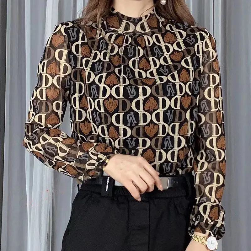 Office Lady Fashion Letter Printed Shirt Spring Autumn Long Sleeve Casual Half High Collar Female Clothing Folds Loose Blouse