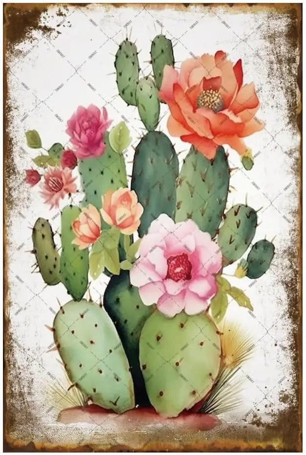 EMOHAT Succulent Bouquet Cactus Flowers Metal Tin Sign Green Leaves Decoration Botanical Cacti Floral Plants Retro Decor Poster